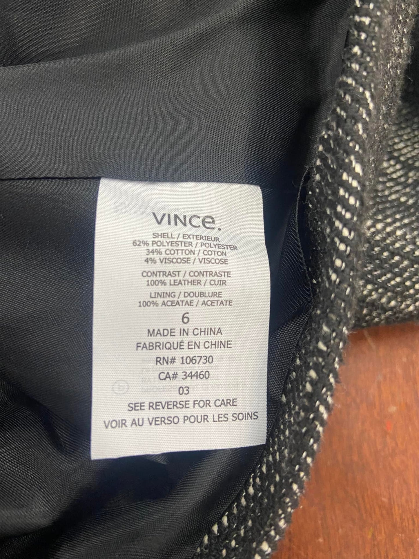 VINCE Boucle Tweed Fringe Gray Zip Front Jacket Blazer Size 6 Leather Trim