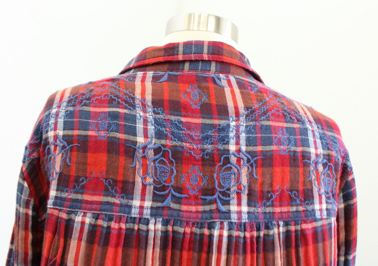 Free People Magical Plaid Embroidered Button Down Shirt Blouse Size S Red Blue Long Sleeve