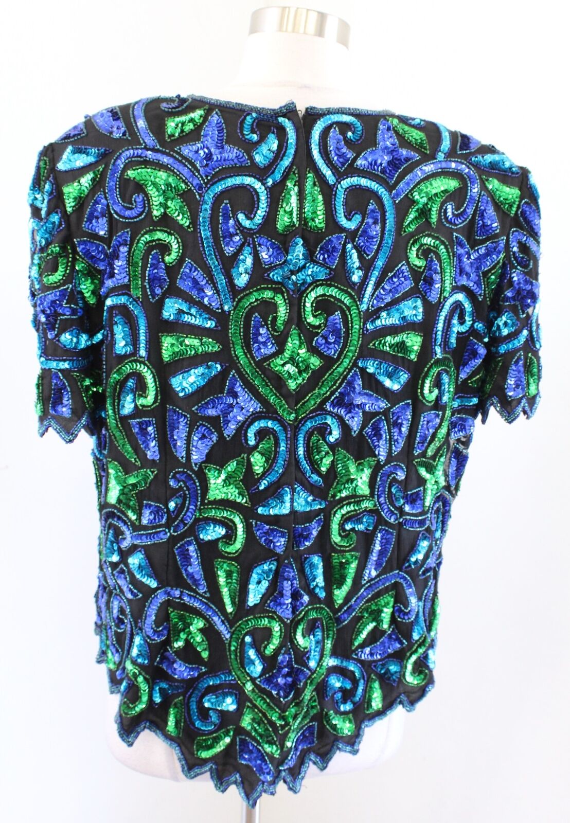 Vtg Patra Black Blue Green Silk Beaded Sequin Evening Formal Party Top Blouse 1X Short Sleeve