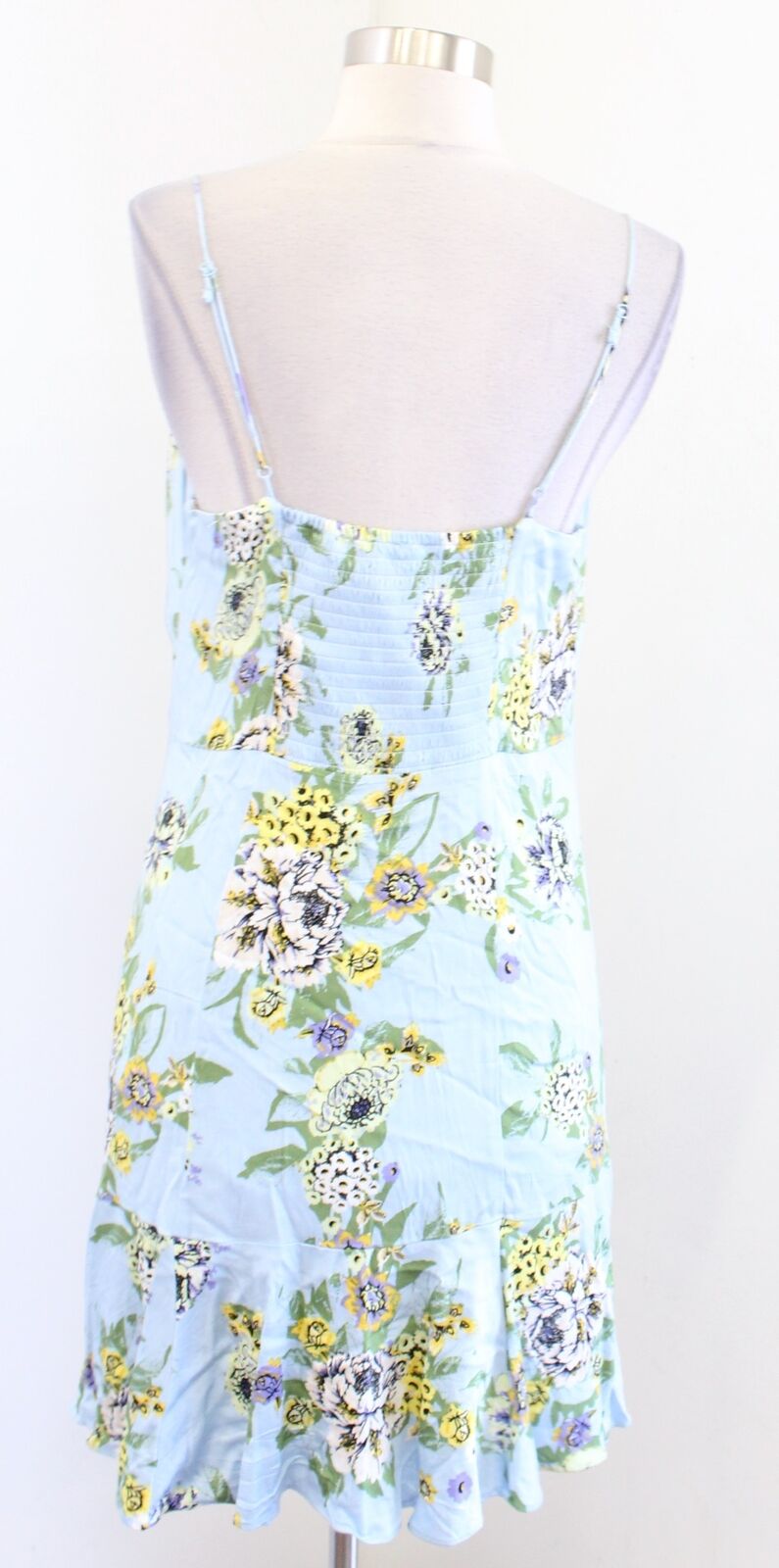 Free People Happy Heart Baby Blue Floral Ruched Mini Dress Size L V Neck