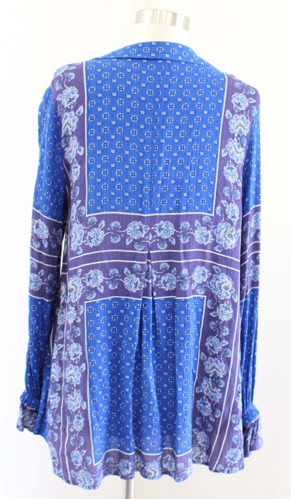 Free People Changing Times Blue Floral Geometric Print Tunic Top Blouse SIze S Long Sleeve