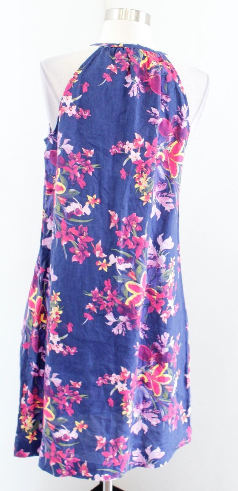 Tommy Bahama Navy Blue Floral Print Linen Shift Dress XS Split Neck Sleeveless