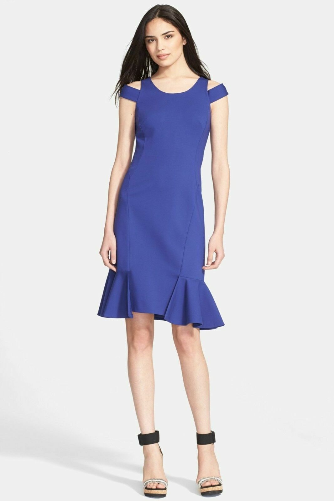 Rebecca Taylor Blue Ponte Knit Cold / Off the Shoulder Flounce Hem Dress Size 2