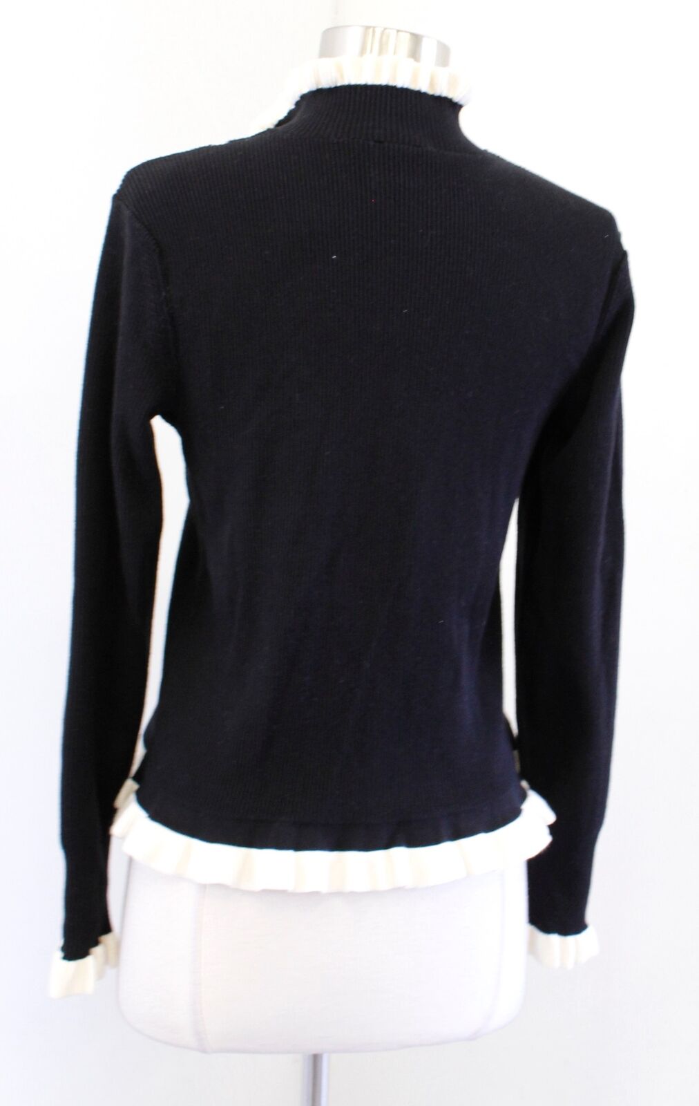 CAbi Adorn Sweater Black Cream Ruffle Ribbed Knit Size S Style 4103