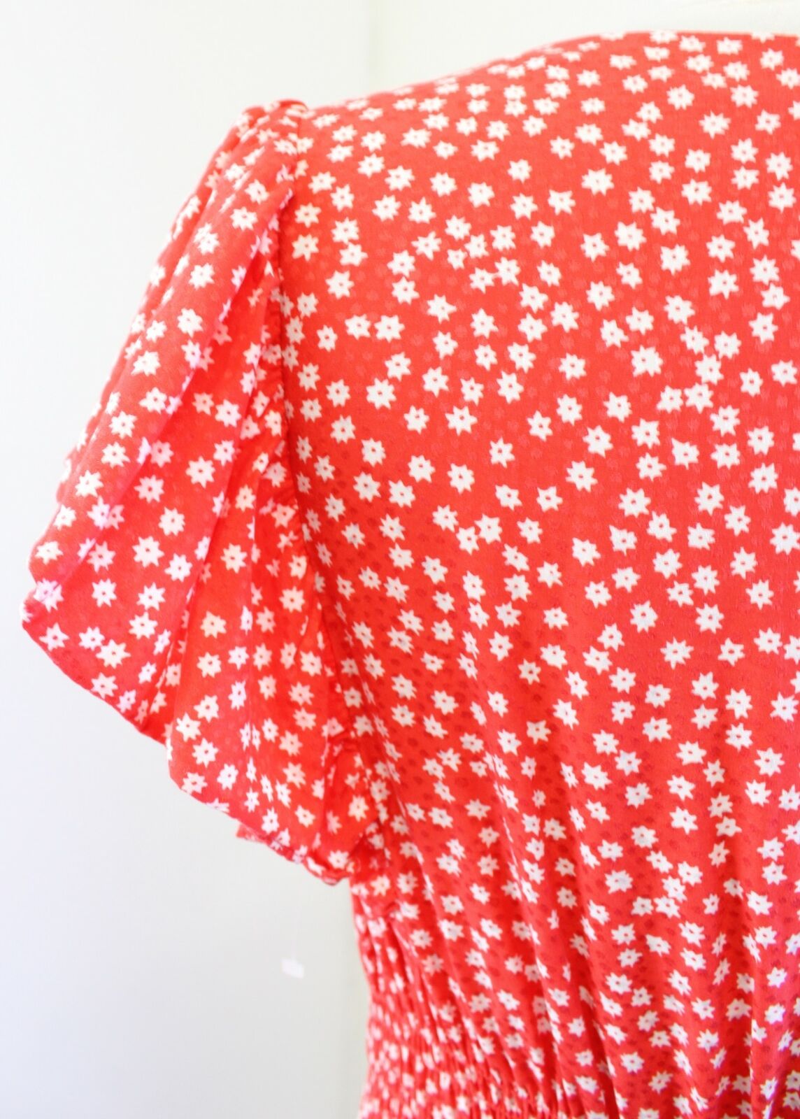Rebecca Taylor Malia Coral Cherry Floral Print Smocked Waist Ruffle Silk Dress S
