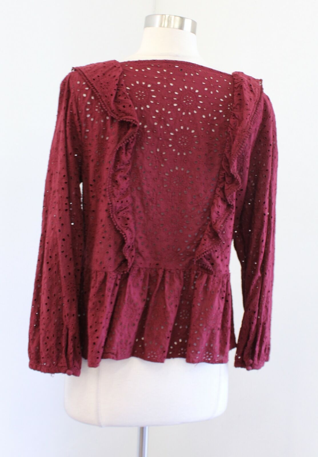 Madewell Burgundy Red Eyelet Lace Ruffle Pompom Trim Peasant Top Blouse Size M