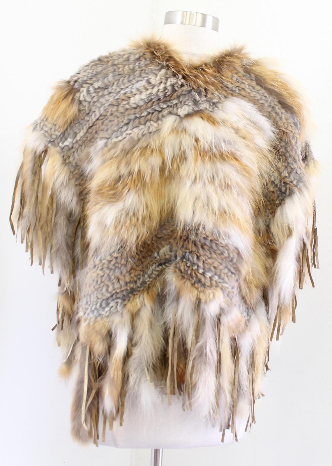 Vtg Cache Rex Rabbit Fur Poncho Womens One Size S M Tassel Fringe Boho Western