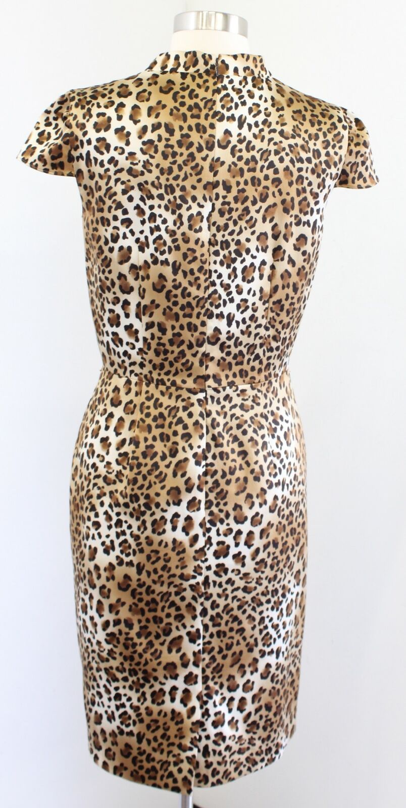 Tahari ASL Levine Spotted Leopard Print Ruffle Neck Cap Sleeve Sheath Dress Sz 4