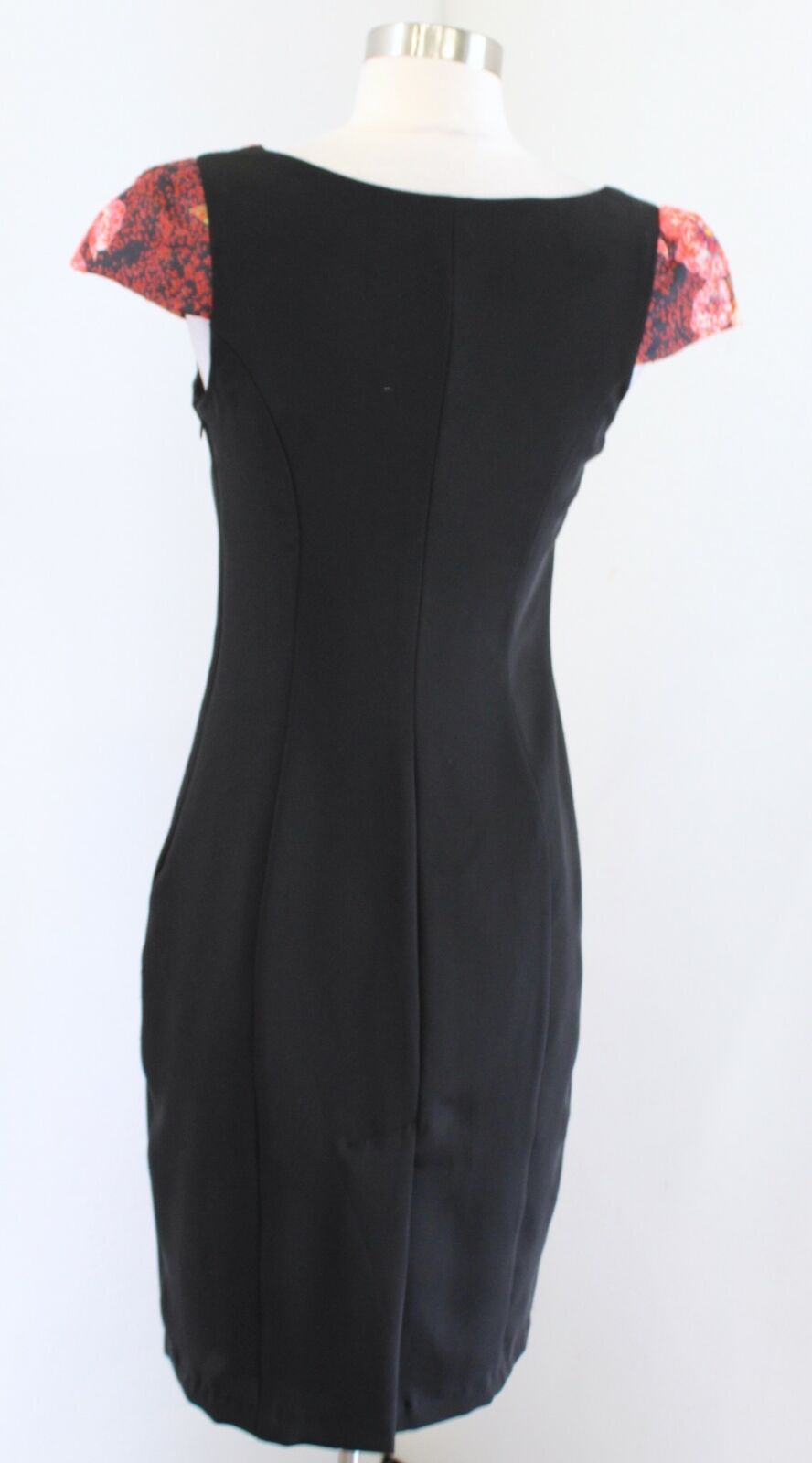 Eva Franco Anthropologie Black Floral Contrast Panel Sheath Dress Cap Sleeve 2