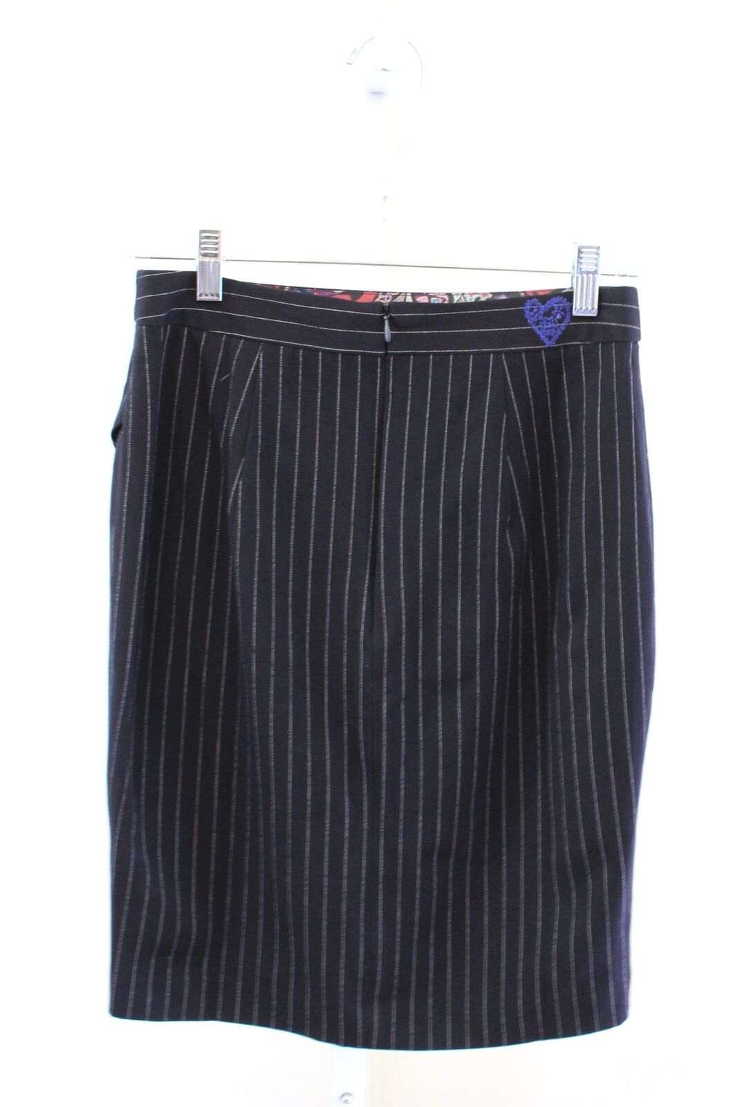 NWT Desigual Navy Blue Striped Pinstripe Embroidered Crossover Pencil Skirt 36