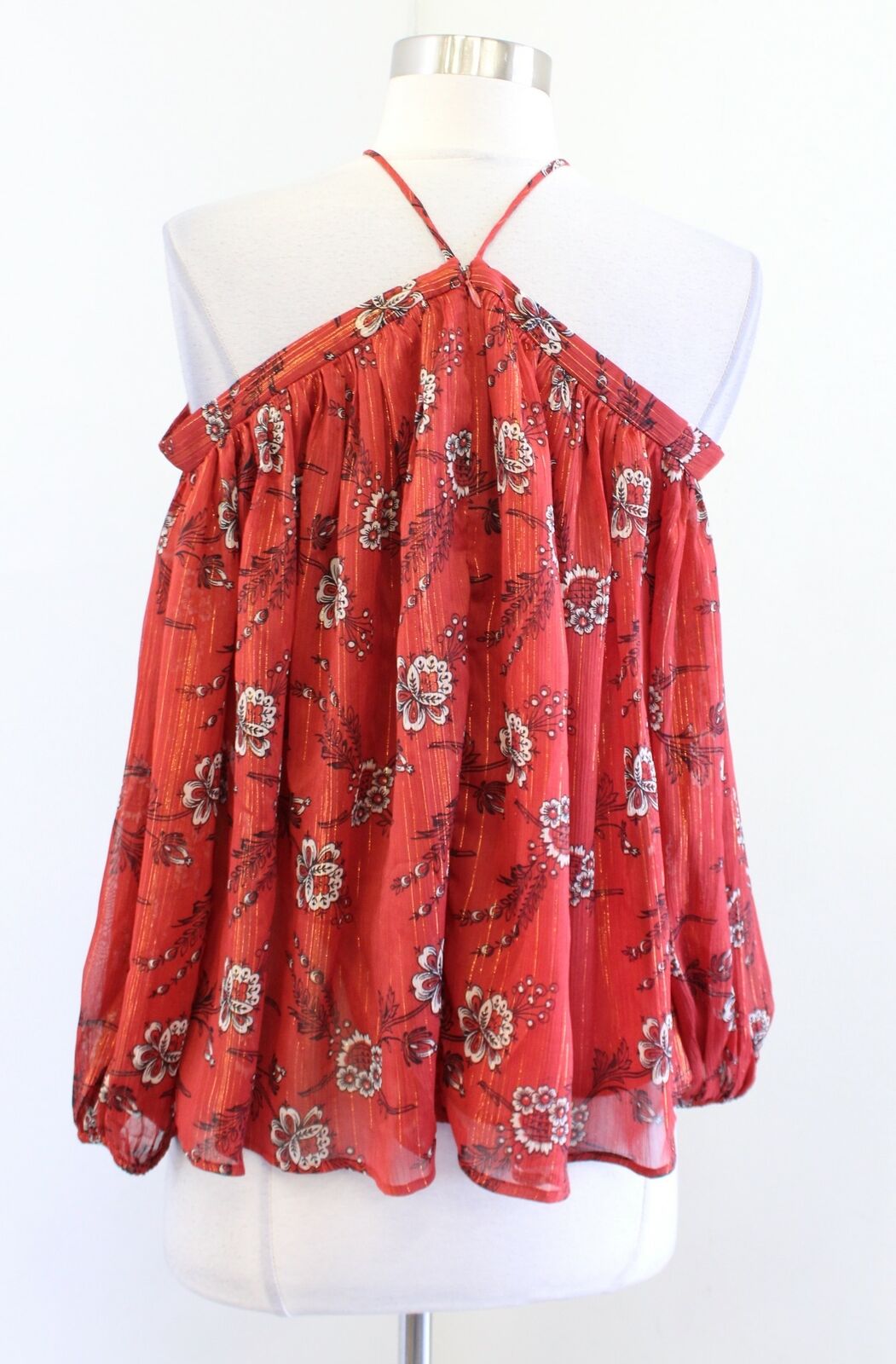 NWT Ann Taylor Orange Metallic Floral Off the Shoulder Halter Top Blouse PS SP