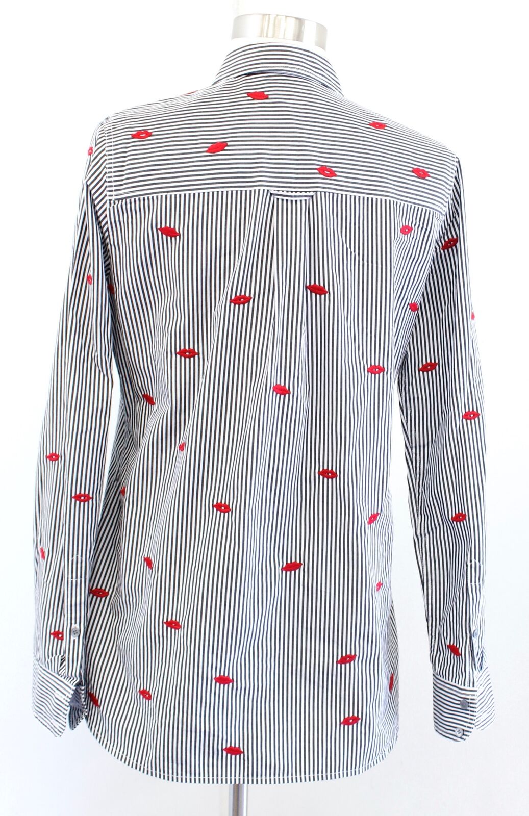 J Crew Gray Striped Classic Boy Shirt in Embroidered Kisses size 4 Red White Long Sleeve