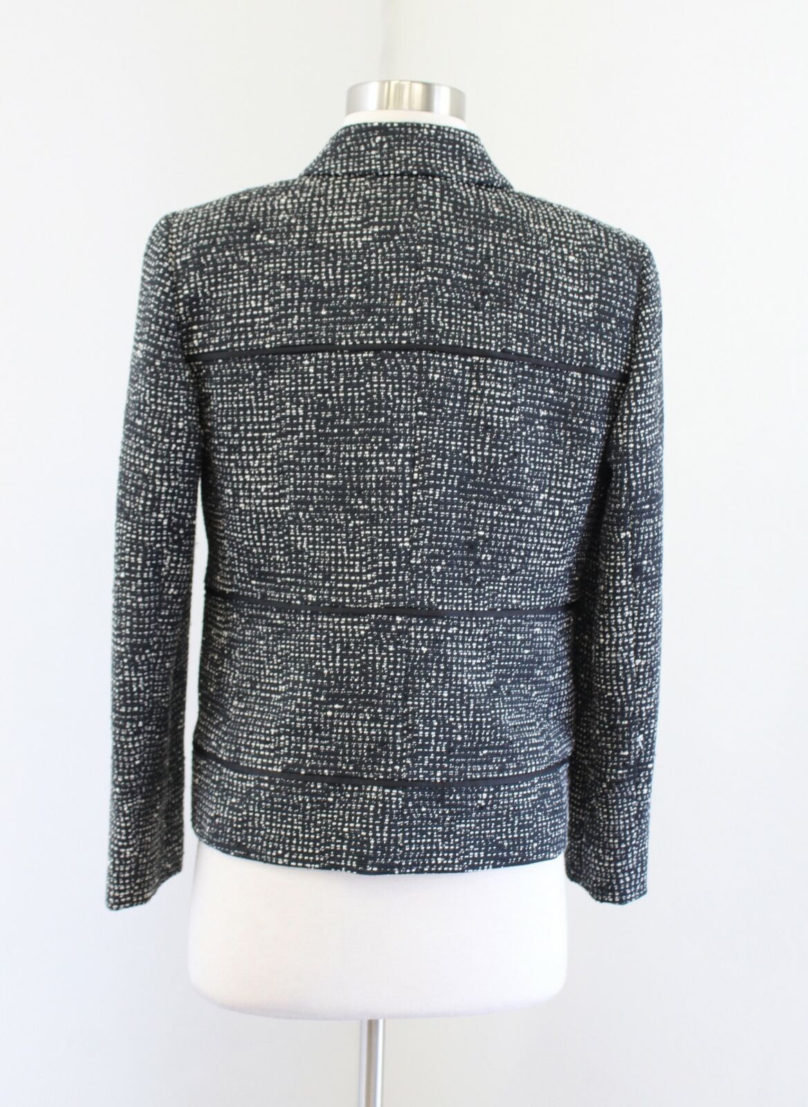 Lafayette 148 Black Off White Tweed Zip Front Blazer Jacket Size 2 Striped