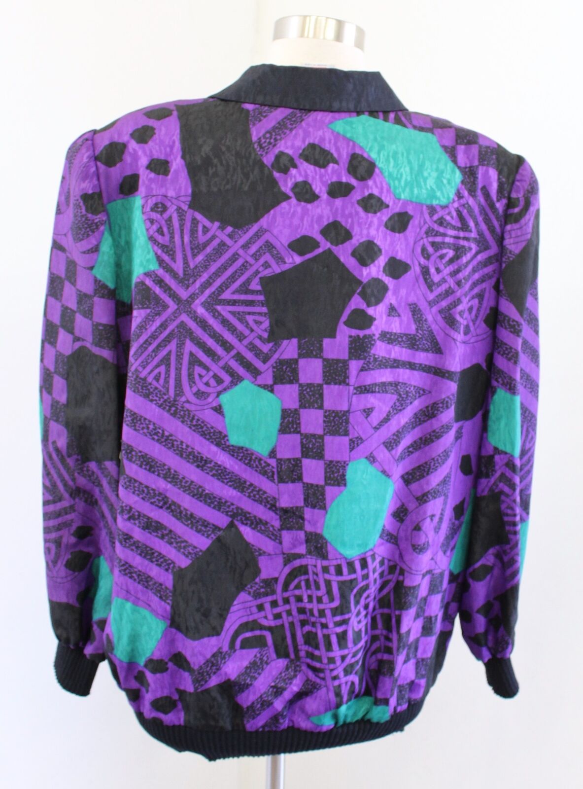 Vtg 80s 90s Purple Black Geometric Print Retro Bomber Style Jacket Size 14 Green