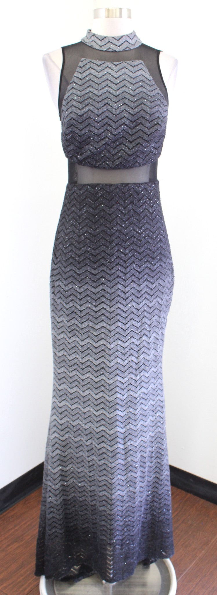 Betsy & Adam Gray Chevron Shimmer Knit Ombre Mesh Cutout Gown Formal D Queen City Resale Betsy & Adam Gray Chevron Shimmer Knit Ombre Mesh Cutout Gown Formal D Queen City Resale