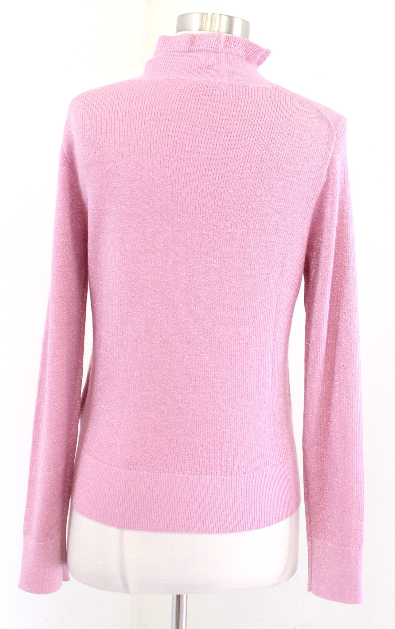 NWT J Crew Dusty Pink Metallic Ribbed Knit Ruffle Neck Sweater Top Size M