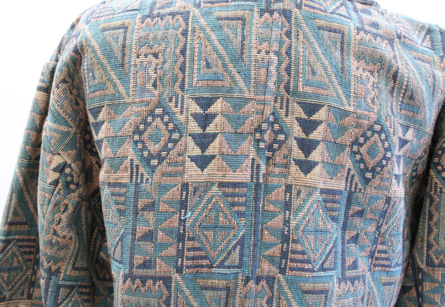 Vtg Flashback Teal Green Southwestern Geometric Cropped Tapestry Jacket Boho S