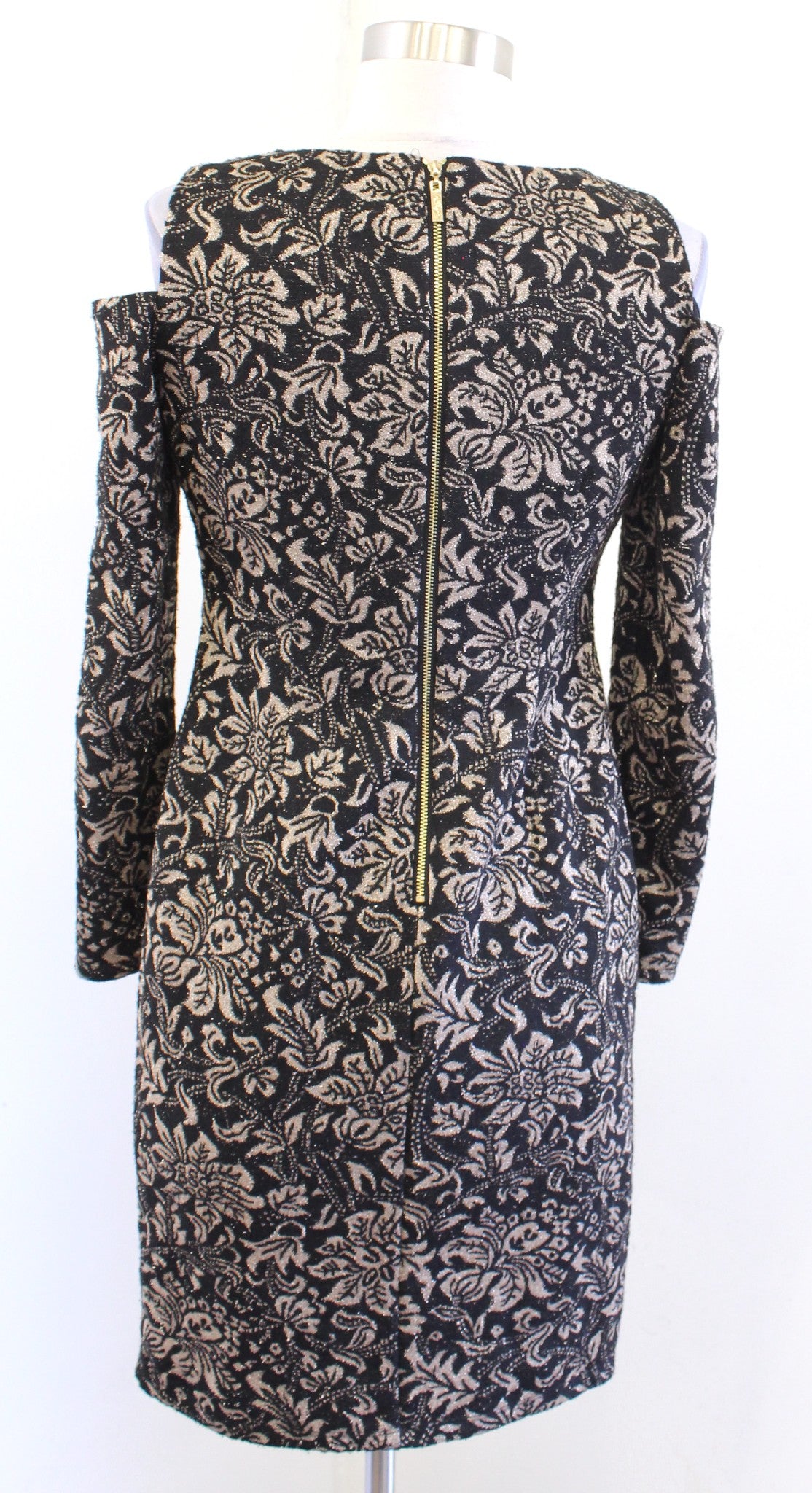 Eliza J Black Gold Metallic Floral Knit Cold Shoulder Sheath Dress Cocktail 2P