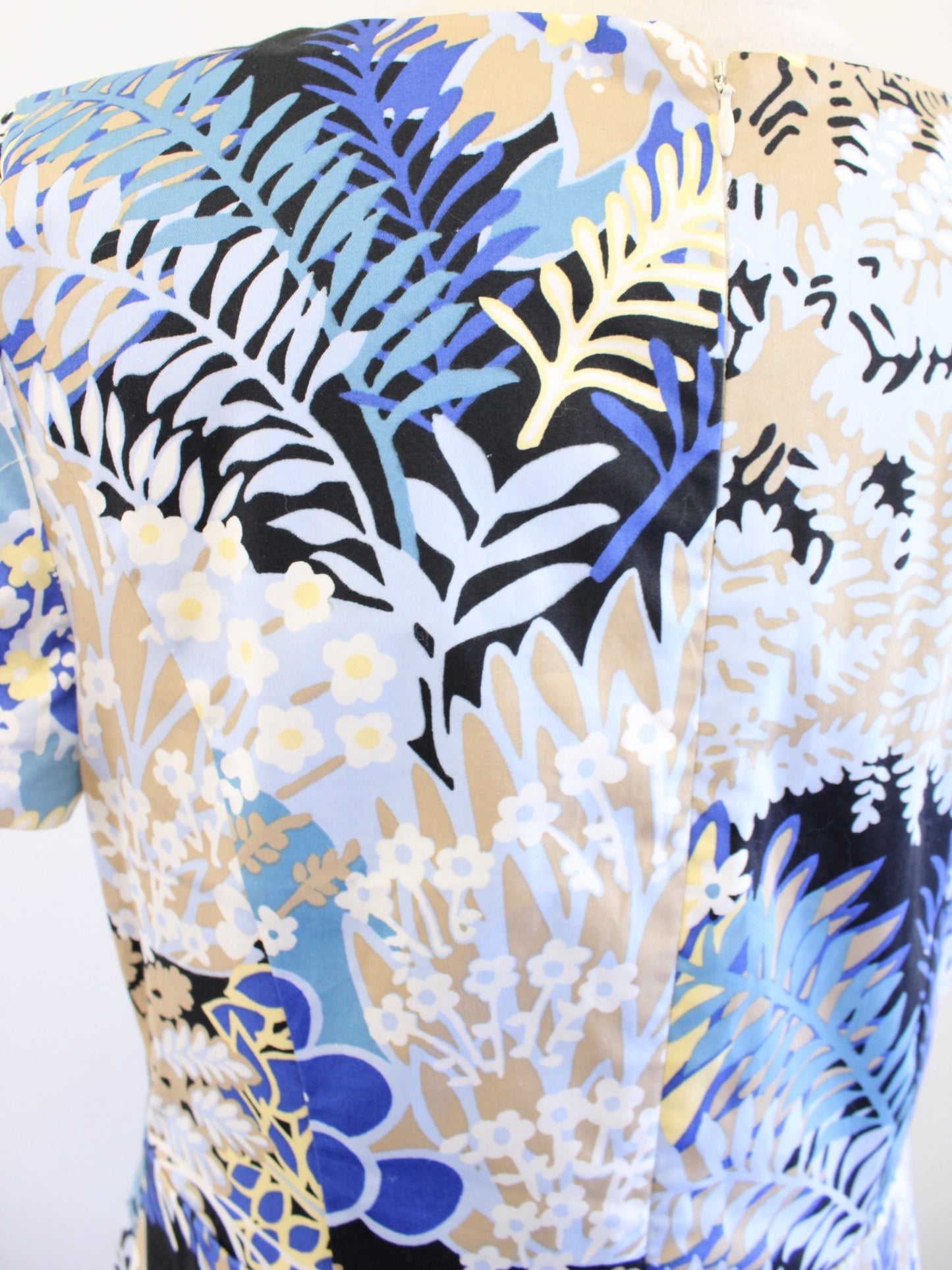 Talbots Botanical Garden Floral Print Flounce Hem Dress Sz 6 Blue Yellow Sheath