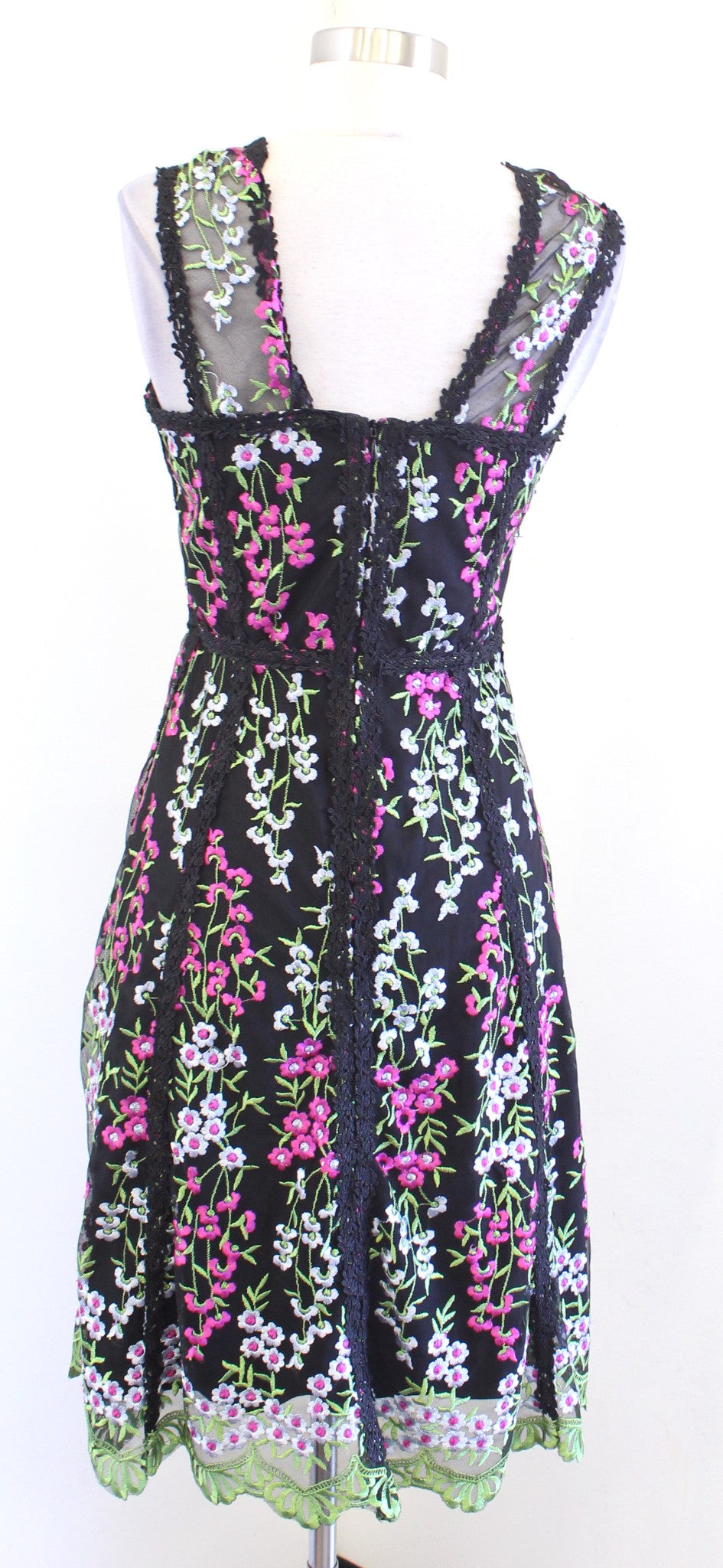 Parker Black Black Mesh Floral Embroidered A Line Dress Sz 2 Cocktail Party Pink