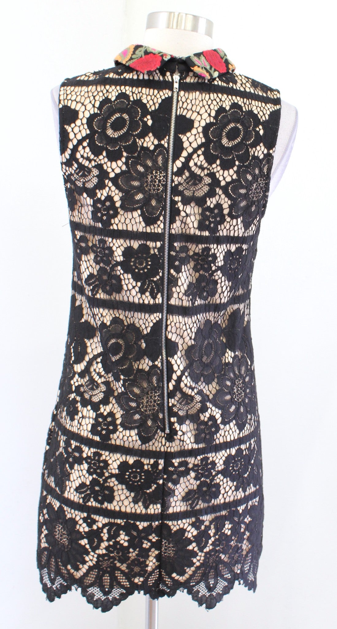 Gianni Bini Black Lace Illusion Embroidered Collared Mini Dress Size S Party