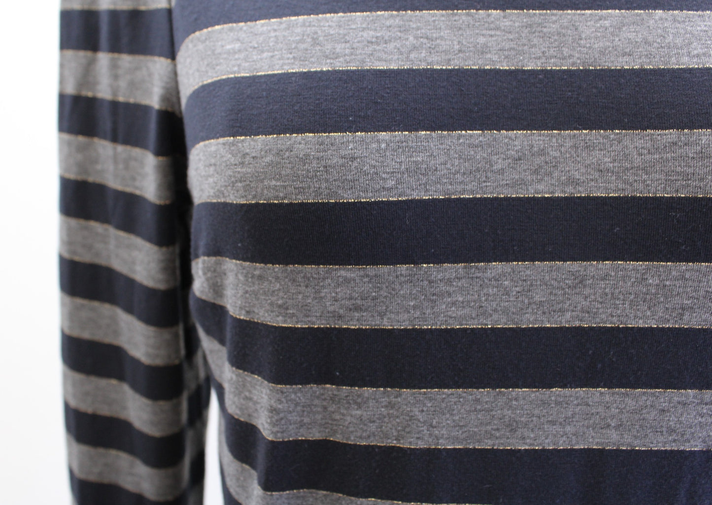 Marc Jacobs Navy Blue Gray Shimmer Striped Flounce Turtleneck Dress Size S Gold