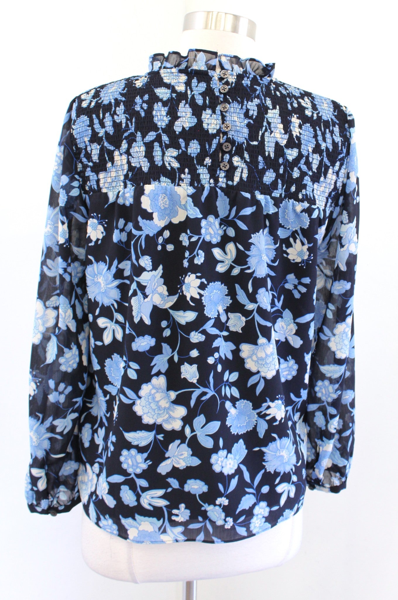 J Crew Ruffle Neck Chiffon Top in Midnight Blue Black Floral Size S Blouse Long Sleeve