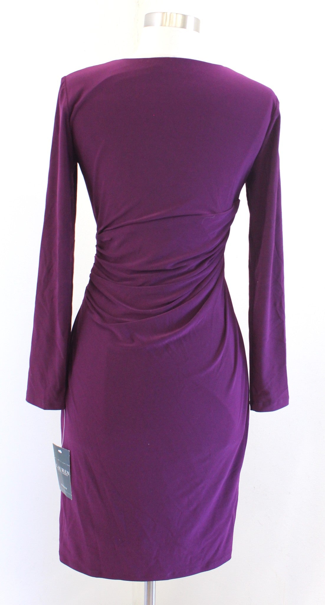 NWT Lauren Ralph Lauren Marsala Plum Ruched V Neck Wiggle Sheath Dress Size 2
