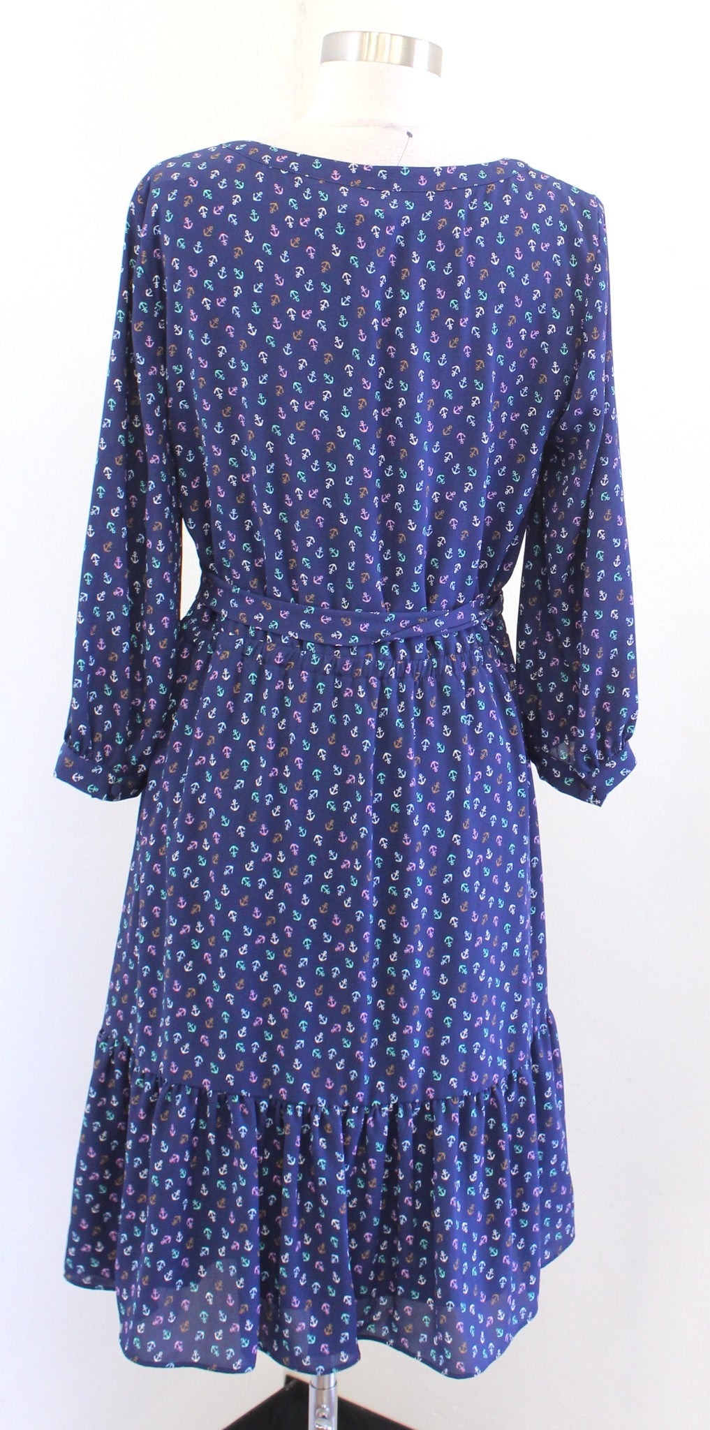 NWT Talbots Navy Blue Nautical Anchor Print Tie Waist Flounce Dress Size 10P