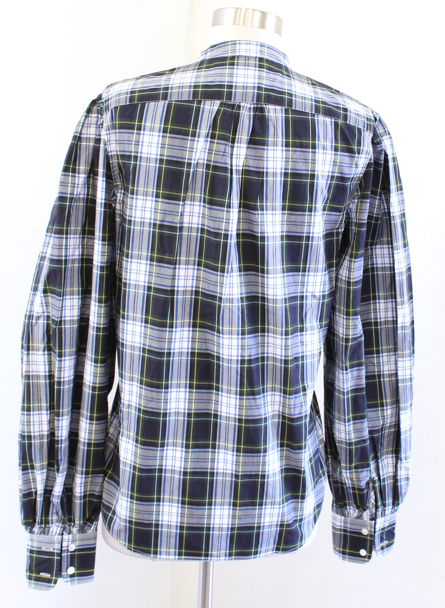 Polo Ralph Lauren Womens Plaid Puff Sleeve Button Down Blouse Shirt 4 Green Blue Long Sleeve