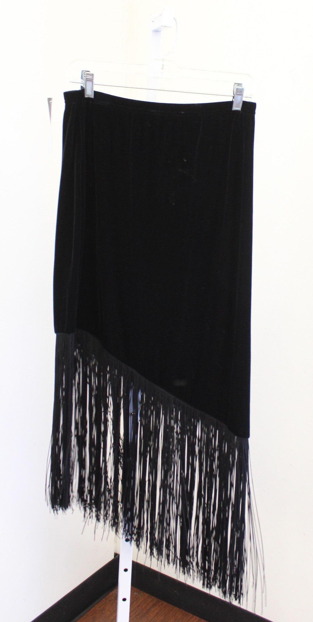 NWT Y2k 2000s Black Velvet Asymmetrical Fringe Midi Skirt Size L Deadstock Boho