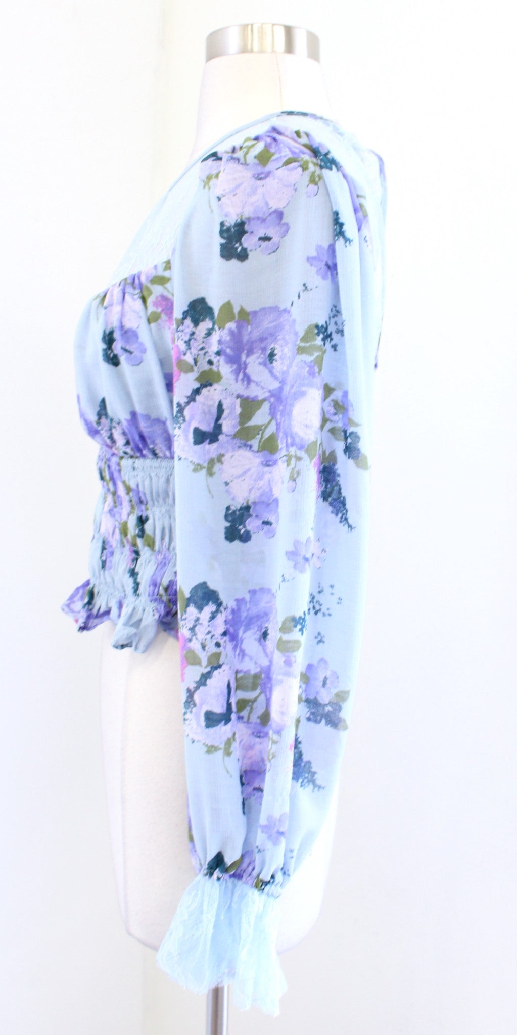 NWT Free People Daphne Blue Floral Lace Smocked Top Blouse Size S Cropped Boho