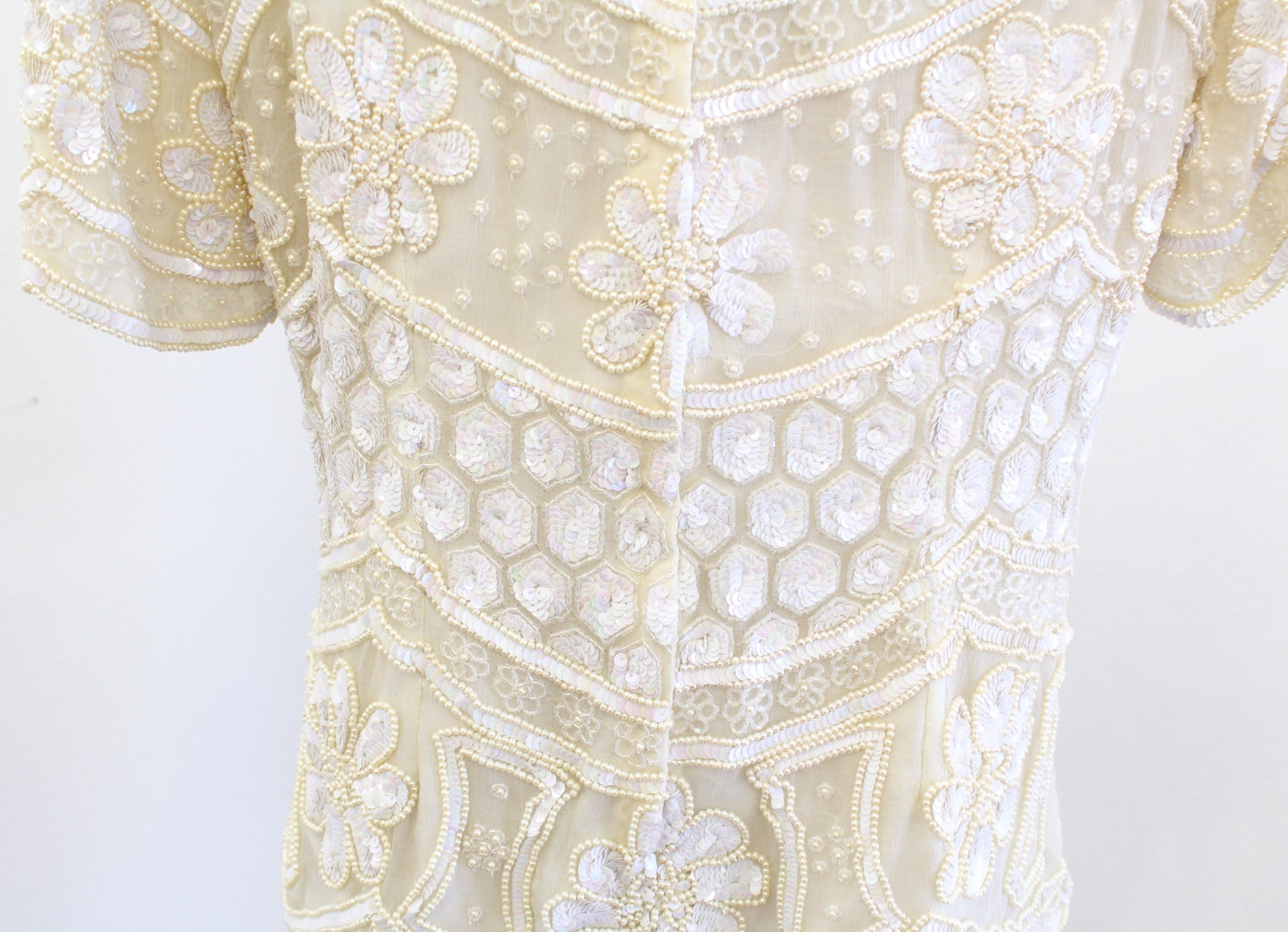 Vtg Cream Beige Pearl Floral Silk Beaded Sequin Evening Party Top Blouse Size L