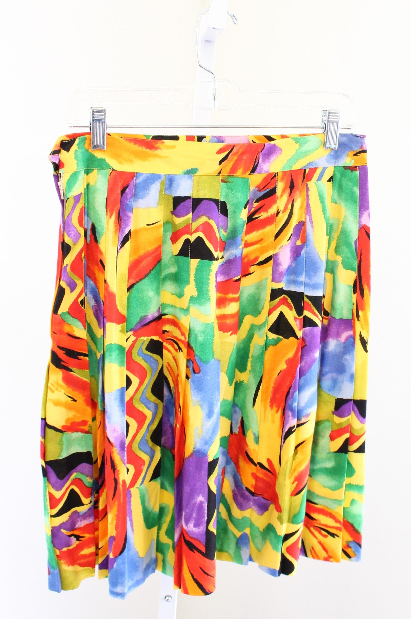 Vtg 90s Yellow Rainbow Colorful Abstract Print Pleated Skirt Size 12 M ? Retro
