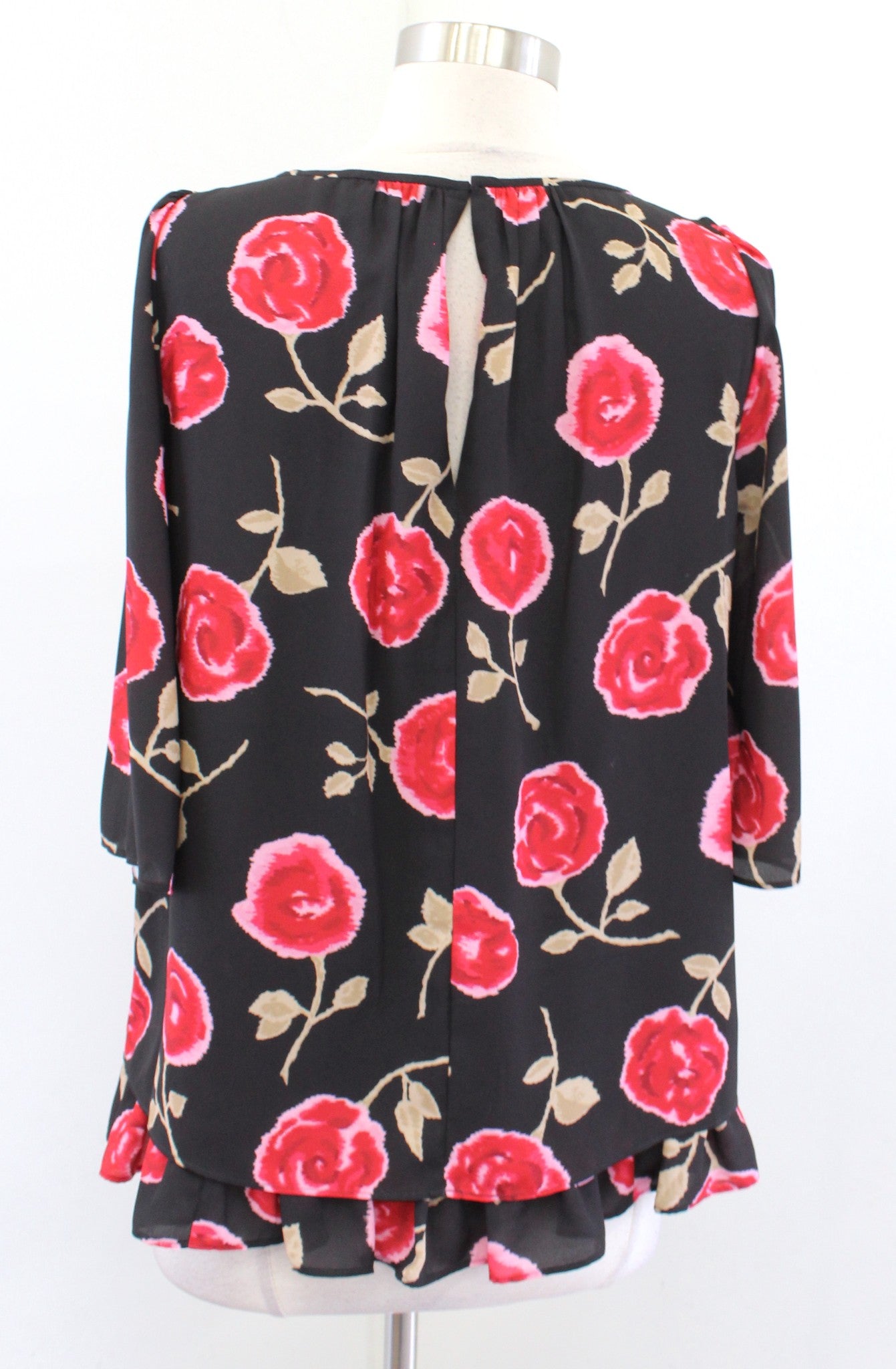 Kate Spade Hazy Rose Floral Double Layer Ruffle Top Blouse Size S Black Red
