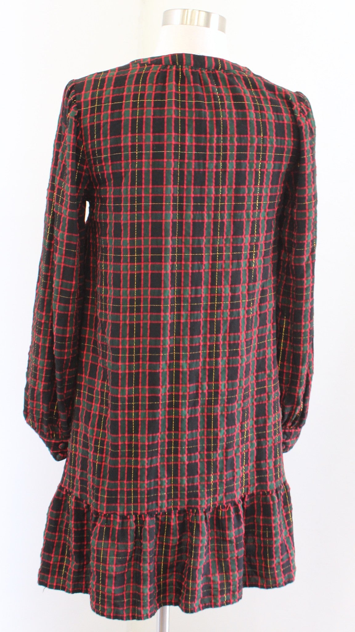 Ann Taylor Loft Metallic Crinkle Holiday Plaid Flounce Shift Dress XS Red Green