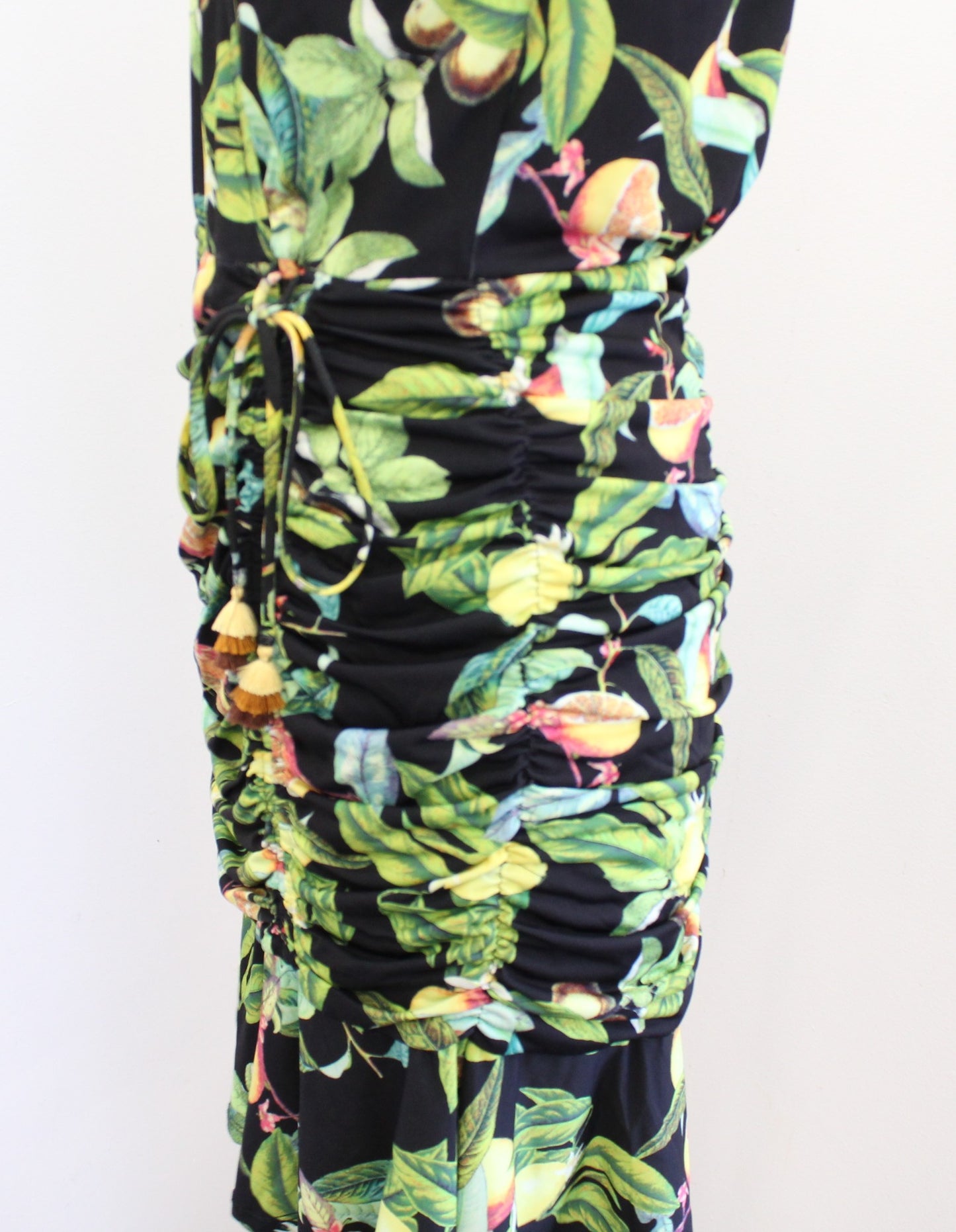 Hale Bob Black Green Lemon Fruit Print Ruffle Ruched Dress Size S Sleeveless