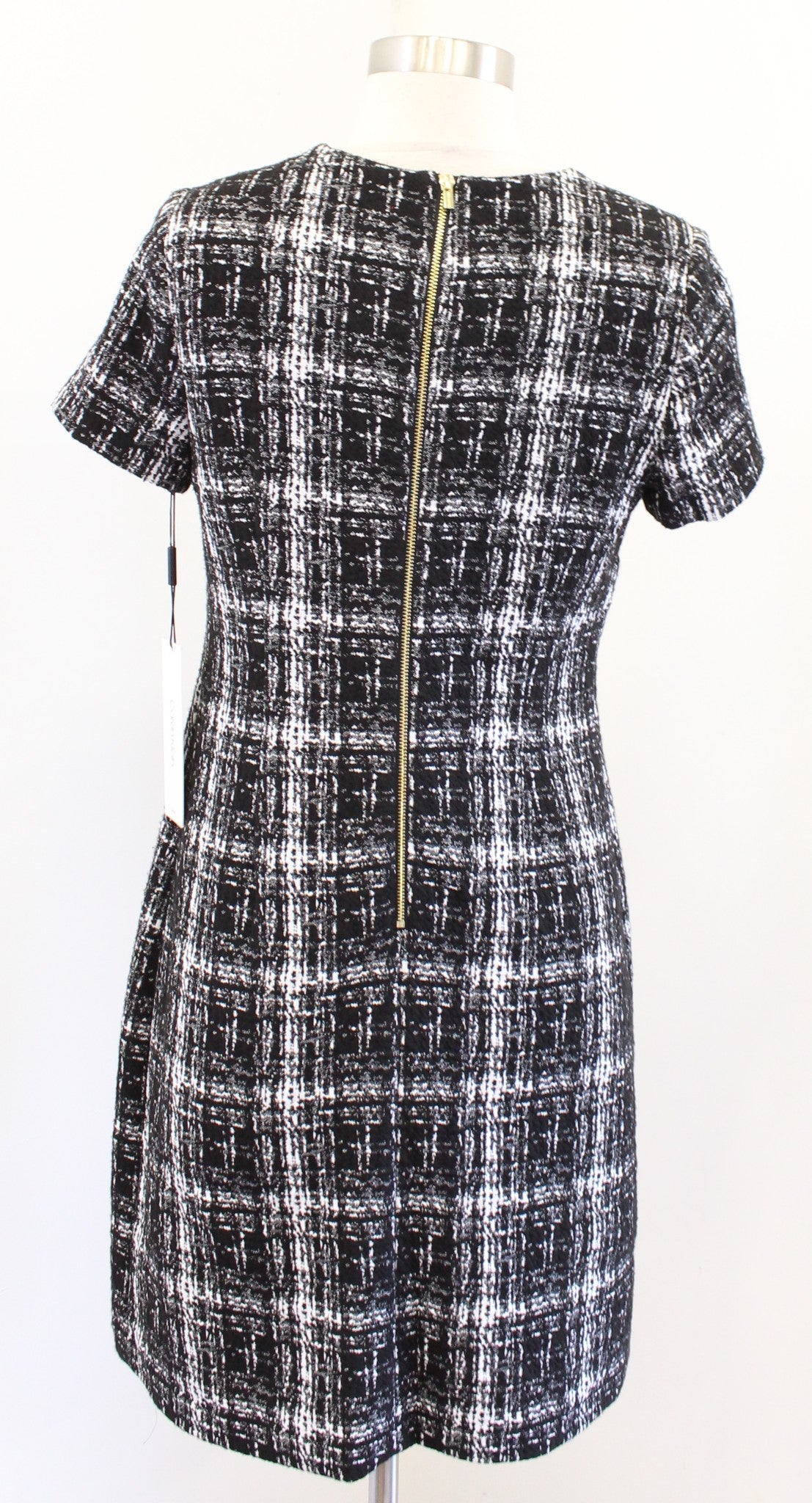 NWT Calvin Klein Black White Textured Plaid Short Sleeve Sheath Dress Size 4
