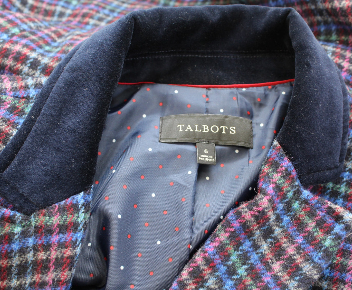 Talbots Mistletoe Plaid Shetland Wool Blazer Jacket Size 6 Velvet Trim Blue