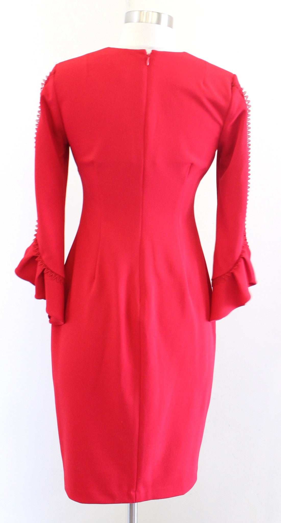Calvin Klein Solid Red V Neck Ruffle Bell Sleeve Sheath Dress Size 2 Lace Trim