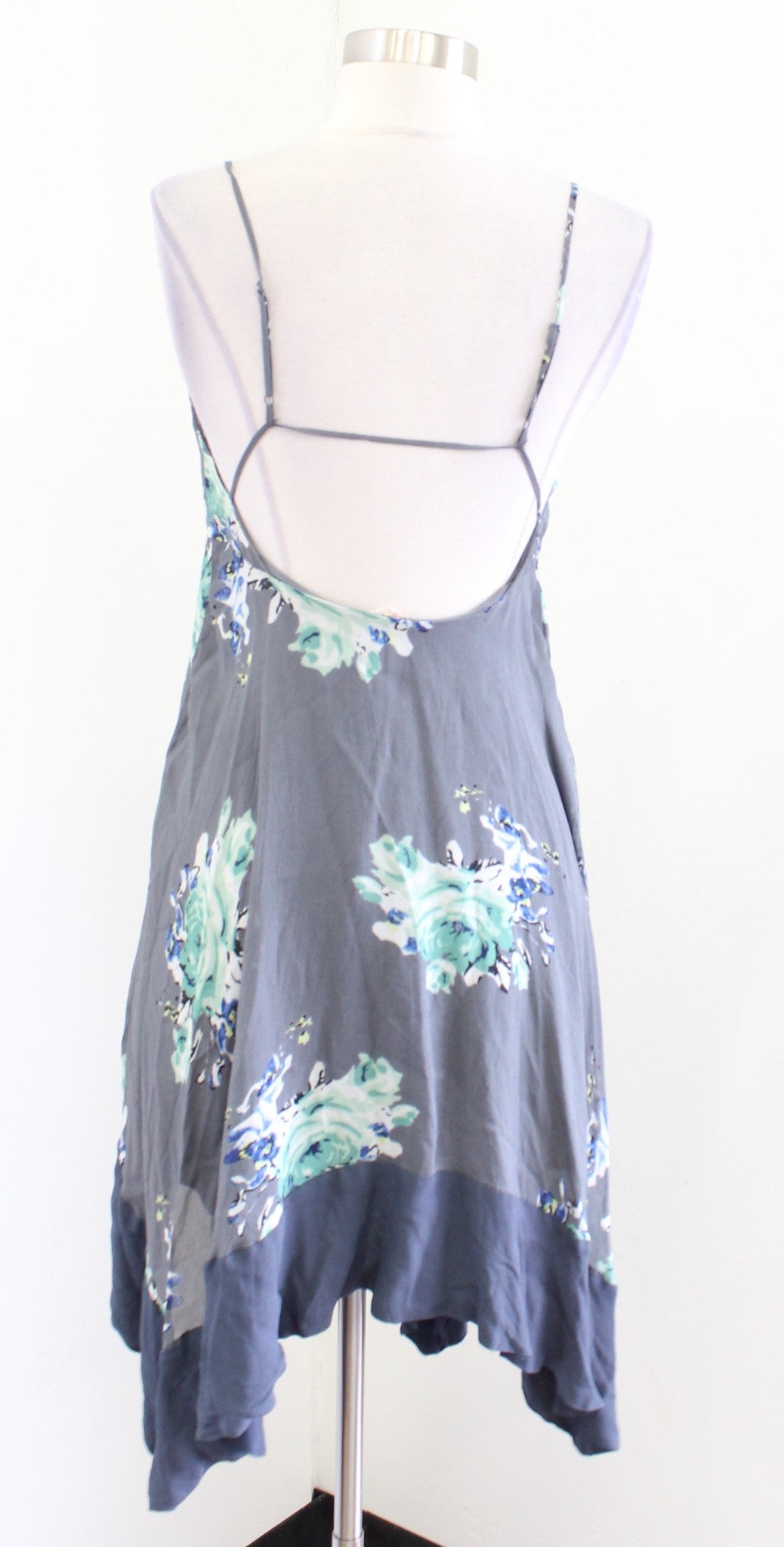 Free People Faded Bloom Gray Floral Asymmetric Handkerchief Hem Slip Dress Sz XS