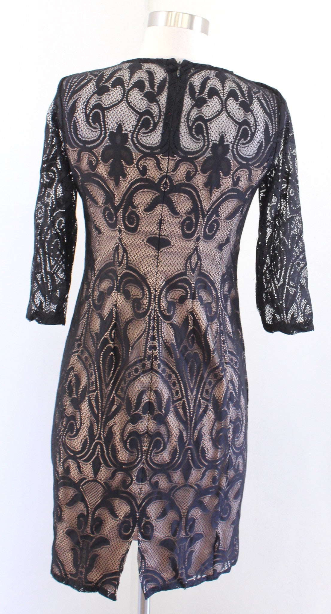 Adrianna Papell Black Nude Lace Illusion Sheath Dress Size 4P Cocktail Party