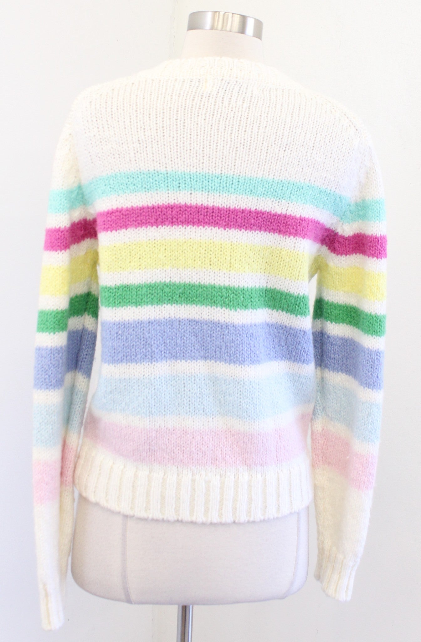 Vtg 80s 90s Ivory Rainbow Striped Pullover Sweater Size 40 S M ? Retro Colorful
