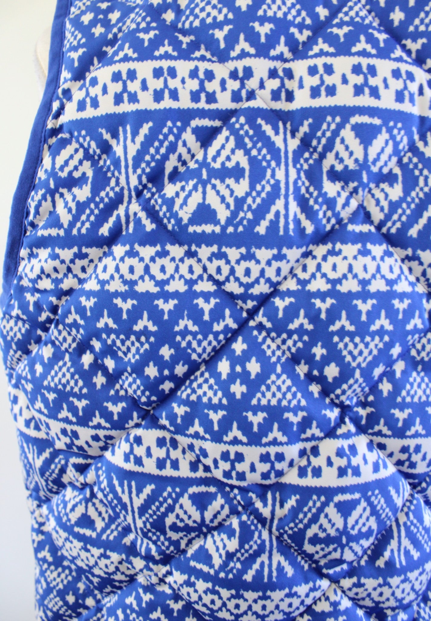 J Crew Blue White Fair Isle Printed Down Excursion Vest Zip Front Size XXS 2XS