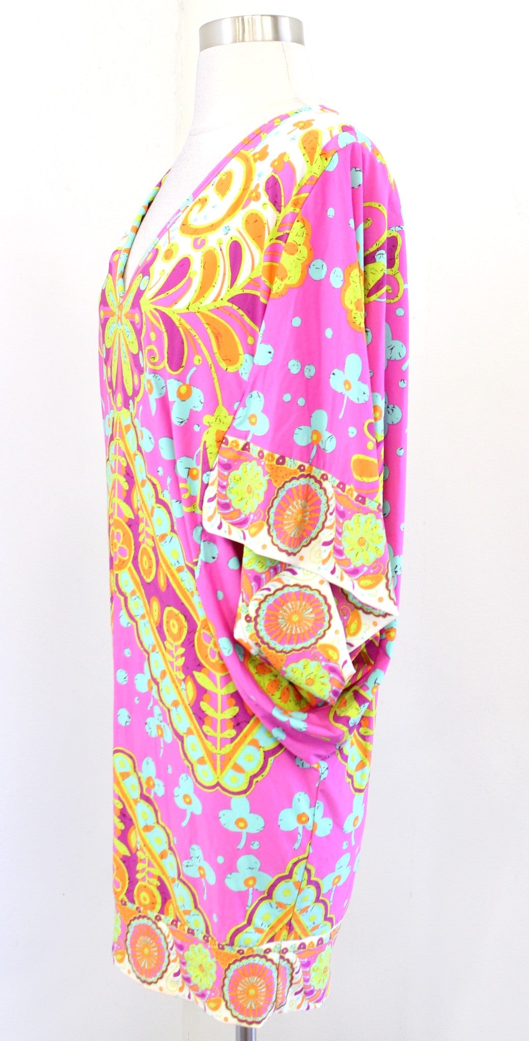 Trina Turk Colorful Floral Dolman Kimono Sleeve Swim Cover Up Dress Tunic Size M