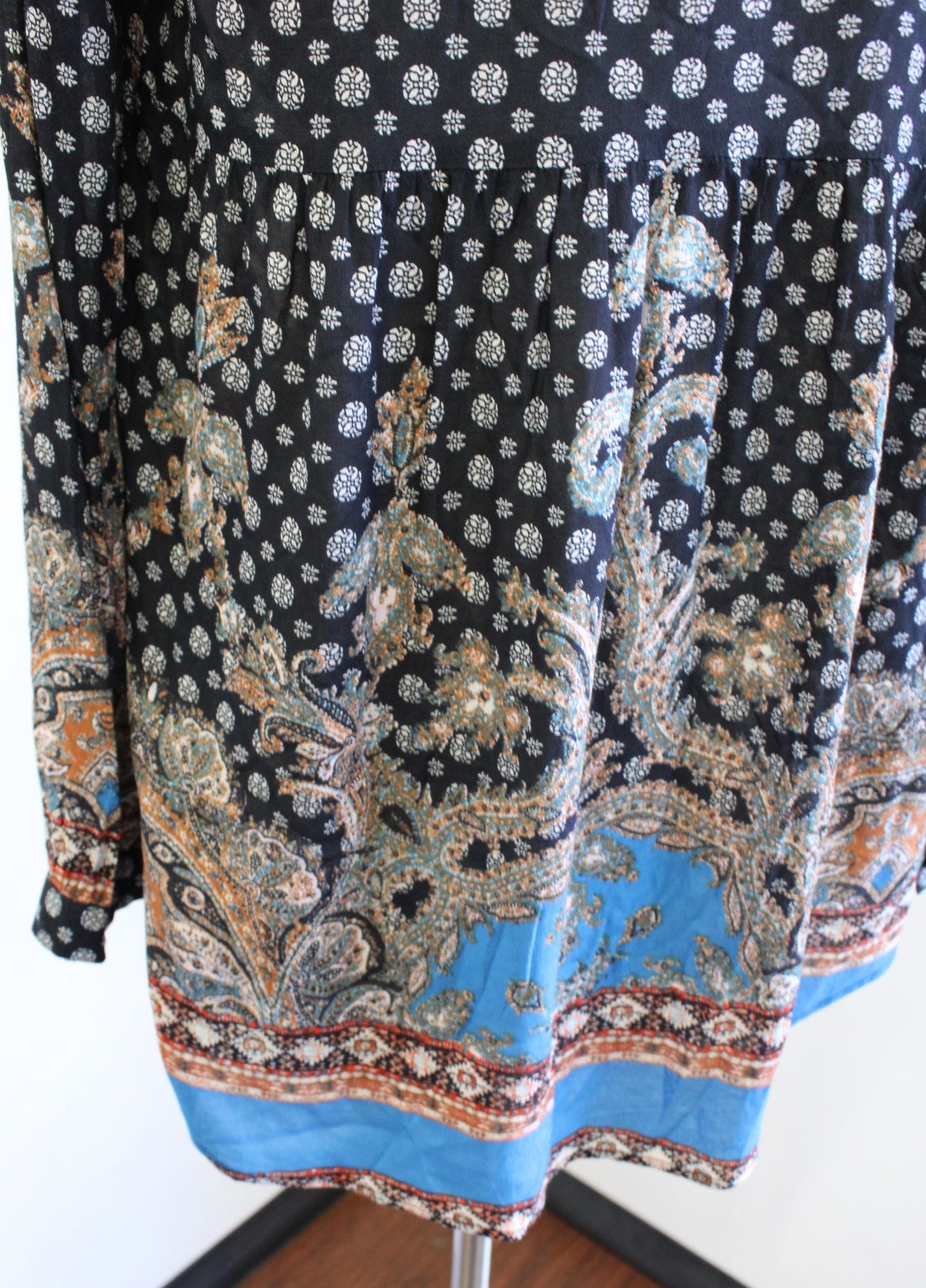 Meadow Rue Anthropologie Black Geometric Paisley Print Tunic Top Blouse Size XS