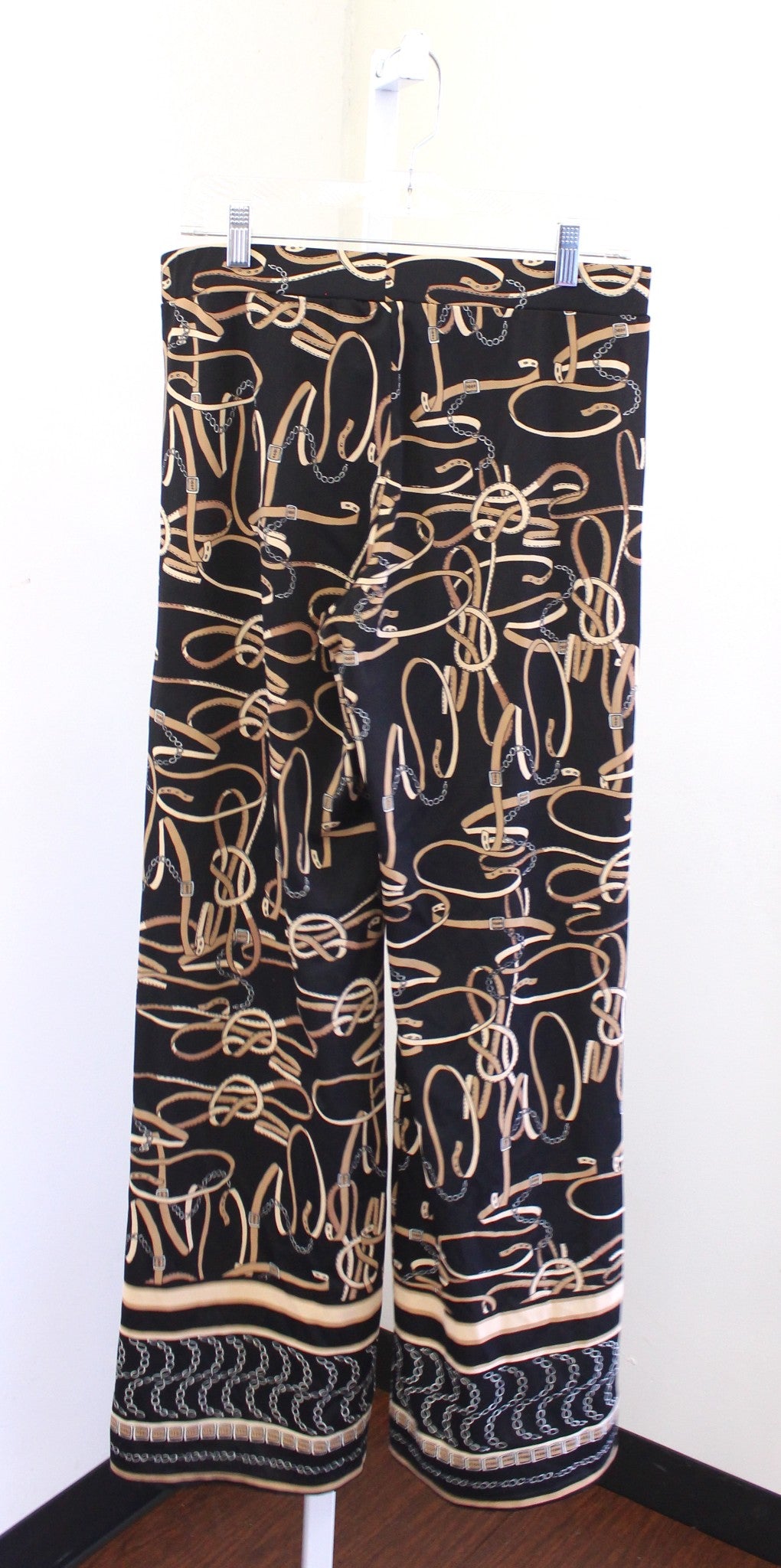 Jude Connally Black Scarf Equestrian Chain Print Wide Leg Jude Cloth Pants Sz M