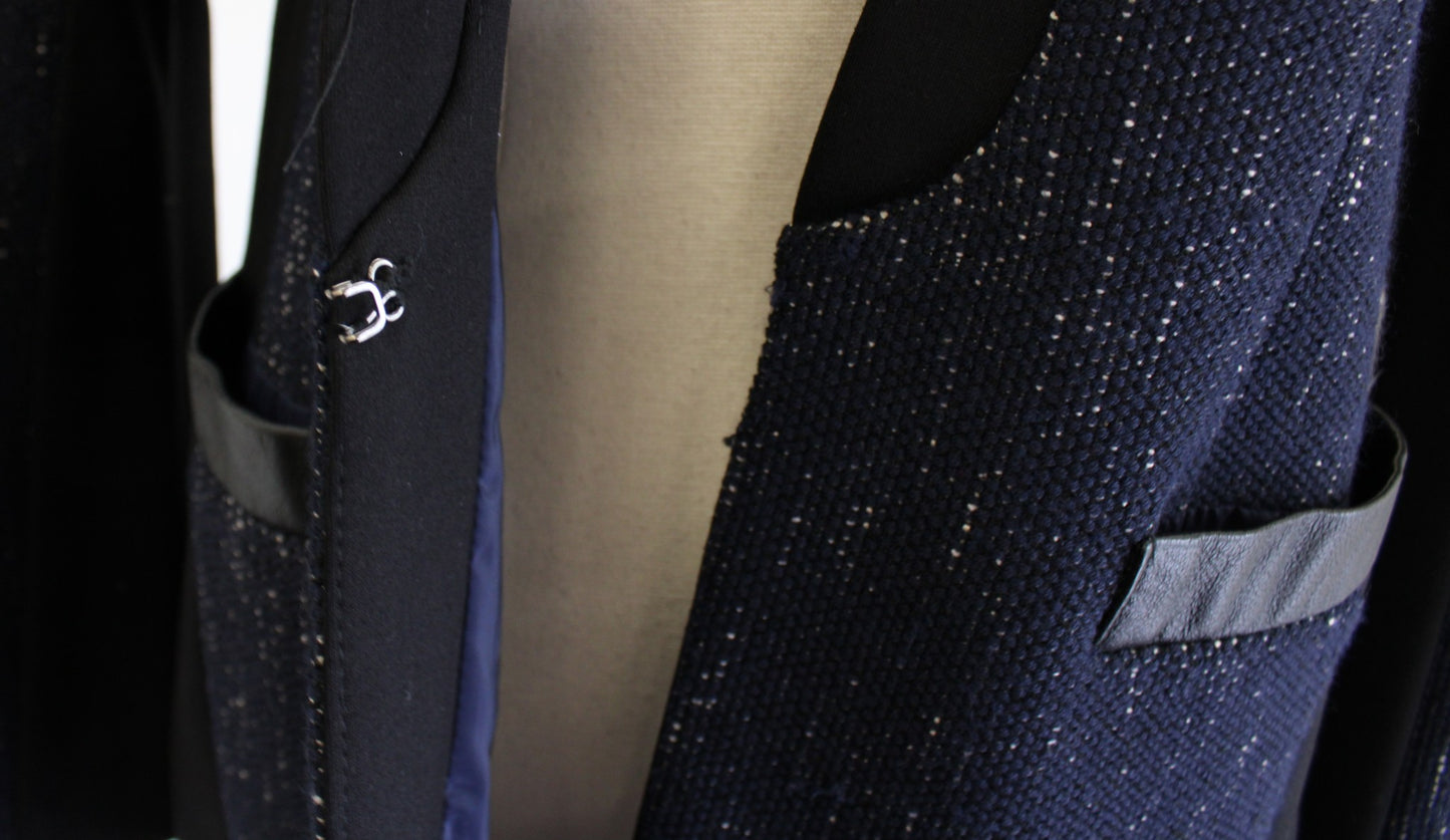 Nanette Lepore Scandal Jacket Navy Blue Black Tweed Leather Trim Blazer Size 8