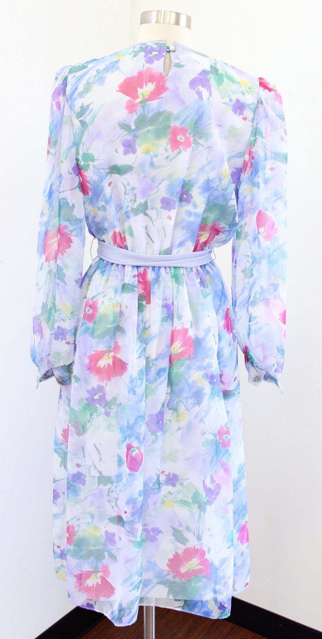 Vtg 80s 90s Blue Watercolor Floral Print Tie Waist Shirt Dress Sz 8 Modest Retro