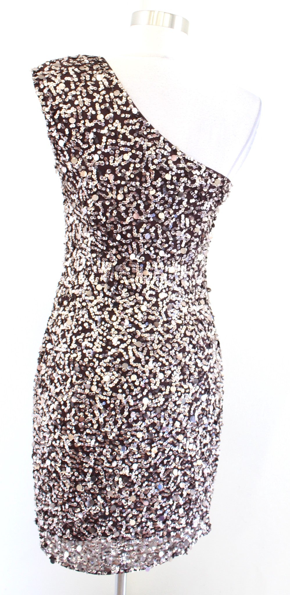 Adrianna Papell Brown Gold Silk Beaded Sequin One Shoulder Party Dress Size 4
